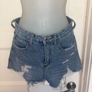 SHEIN Blue Frayed Hem Jean Shorts
